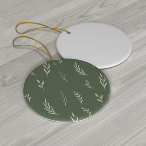Green Ceramic Holiday Ornament - White Garland