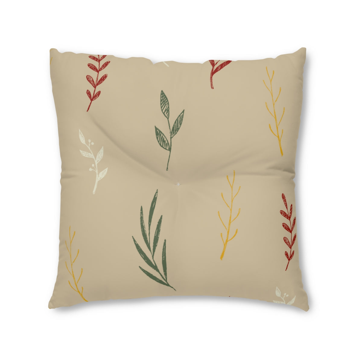 Beige Square Tufted Holiday Floor Pillow - Colorful Garland