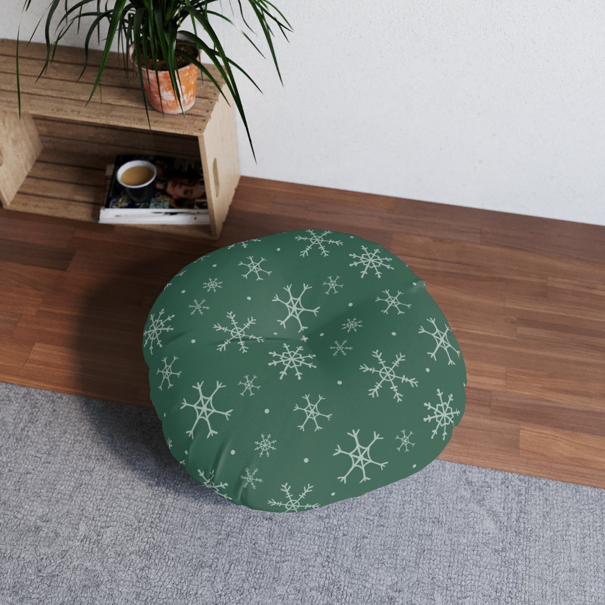 Green Round Tufted Holiday Floor Pillow - Snowflakes