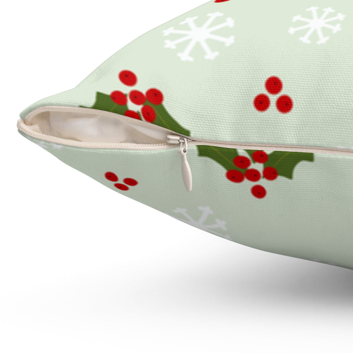Green Polyester Square Holiday Pillowcase - Holly &amp; Snowflakes