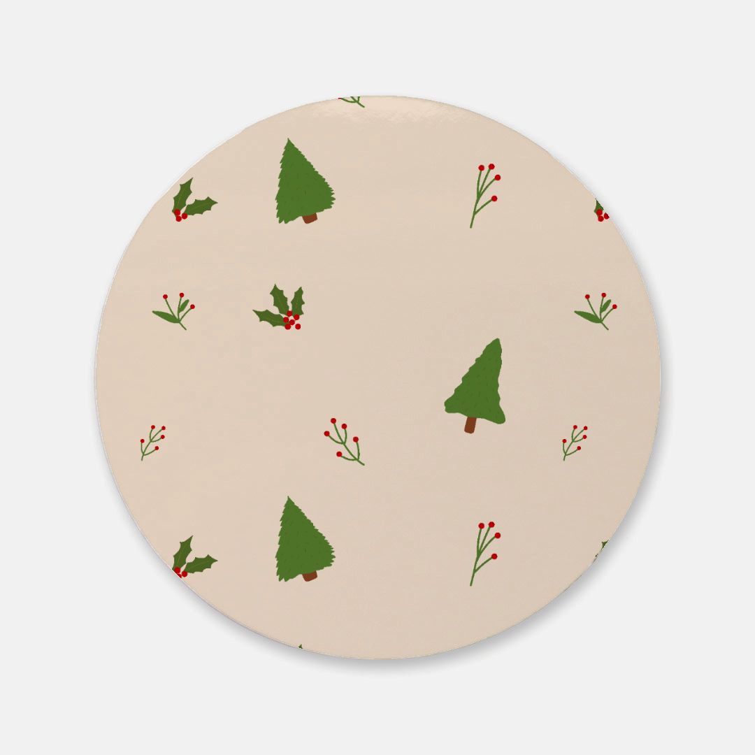 Round Cork Back Coaster - Evergreen Trees &amp; Holly