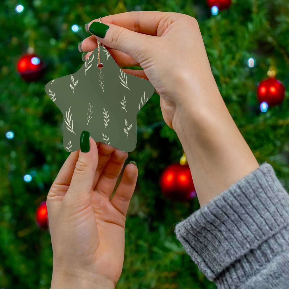 Green Ceramic Holiday Ornament - White Garland