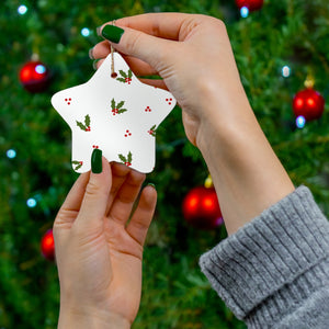 White Ceramic Holiday Ornament - Holly