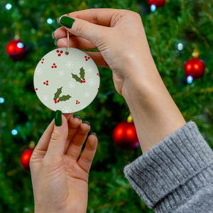 Ceramic Holiday Ornament - Holly & Snowflakes