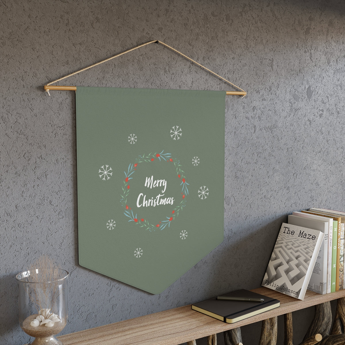 Holiday Pennant - Merry Christmas Wreath &amp; Snowflakes