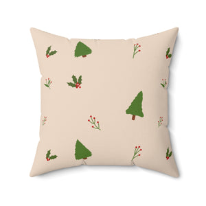 Beige Polyester Square Holiday Pillowcase - Evergreen Trees & Holly