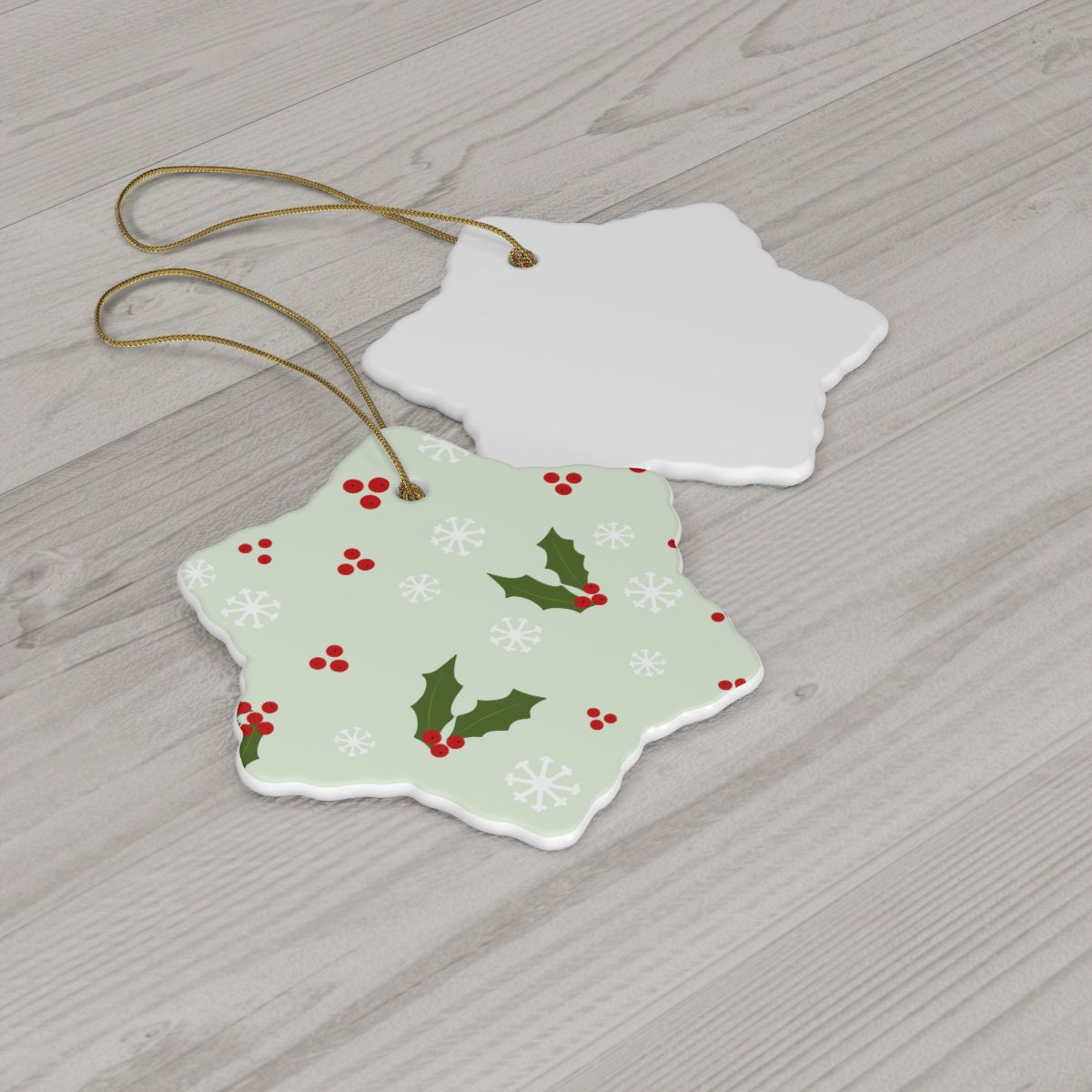 Ceramic Holiday Ornament - Holly &amp; Snowflakes