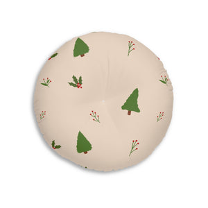 Round Tufted Holiday Floor Pillow - Evergreen Trees & Holly