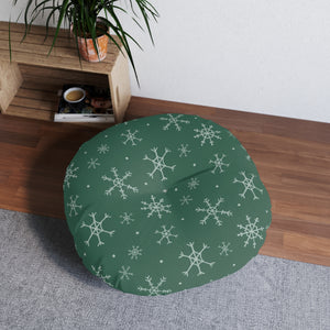 Green Round Tufted Holiday Floor Pillow - Snowflakes
