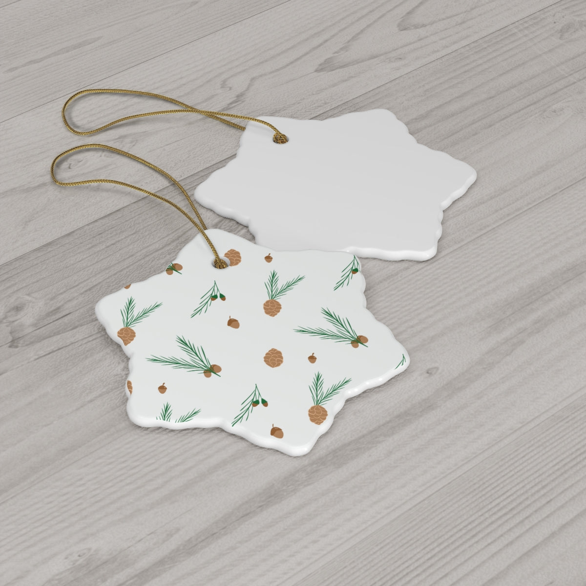 White Ceramic Holiday Ornament - Pinecones &amp; Acorns