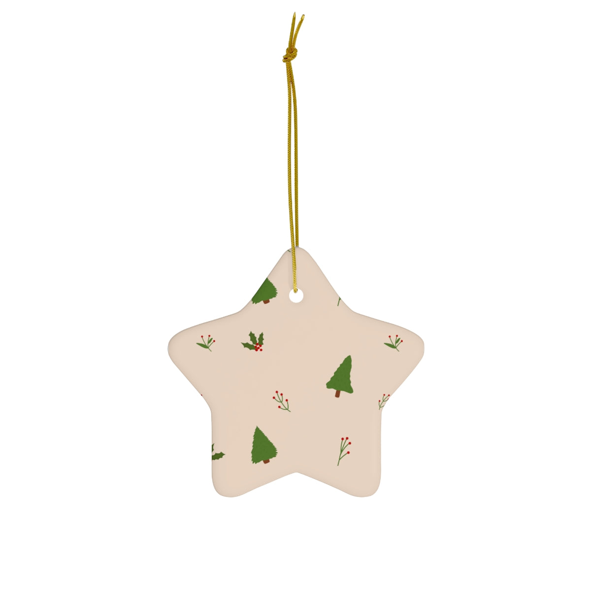 Beige Ceramic Holiday Ornament - Evergreen Trees &amp; Holly
