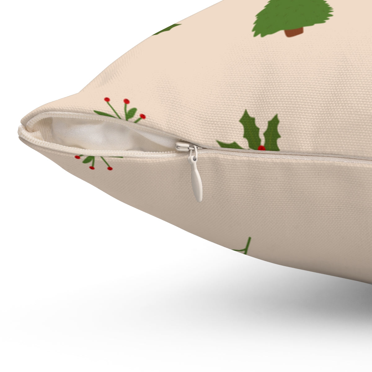 Beige Polyester Square Holiday Pillowcase - Evergreen Trees &amp; Holly