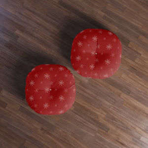 Red Round Tufted Holiday Floor Pillow - Snowflakes