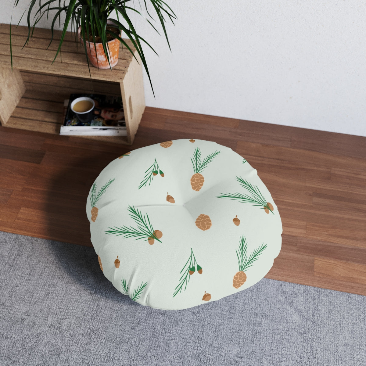 Round Tufted Holiday Floor Pillow - Pinecones