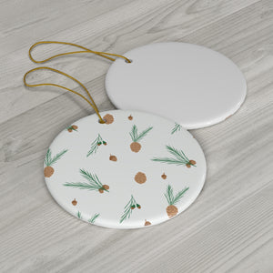 White Ceramic Holiday Ornament - Pinecones & Acorns