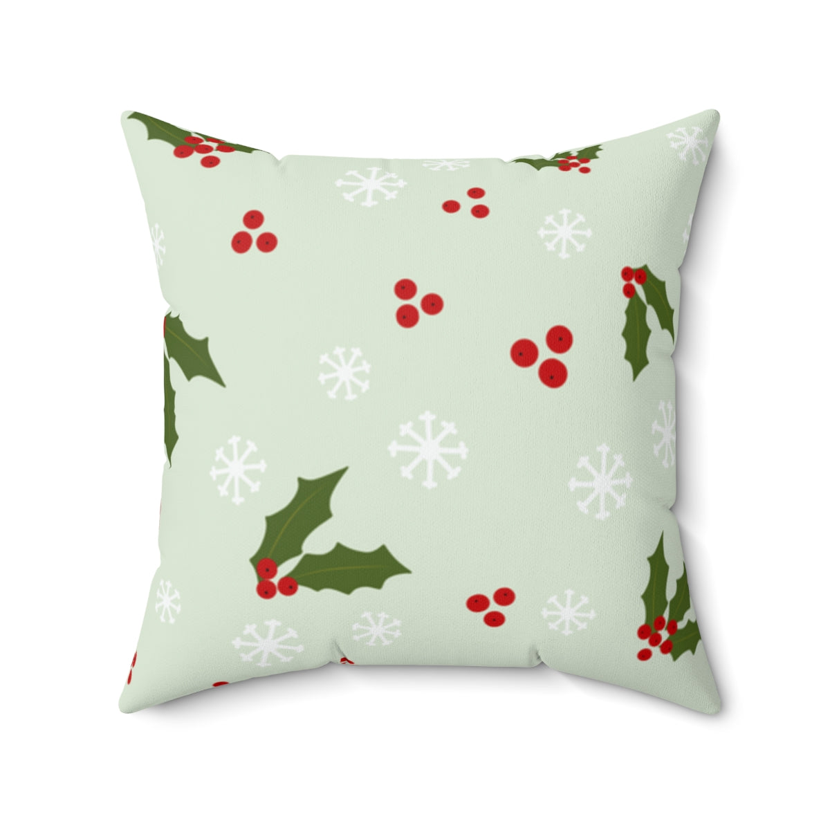 Green Polyester Square Holiday Pillowcase - Holly &amp; Snowflakes