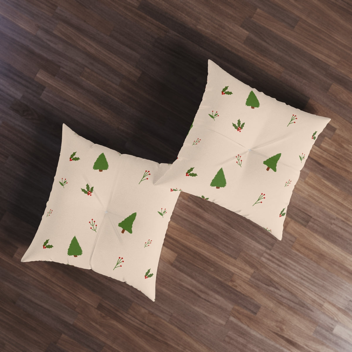 Square Tufted Holiday Floor Pillow - Evergreen Trees &amp; Holly