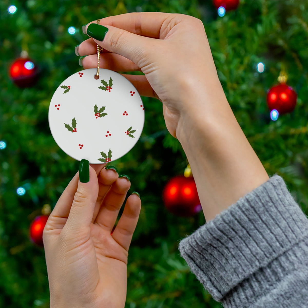 White Ceramic Holiday Ornament - Holly