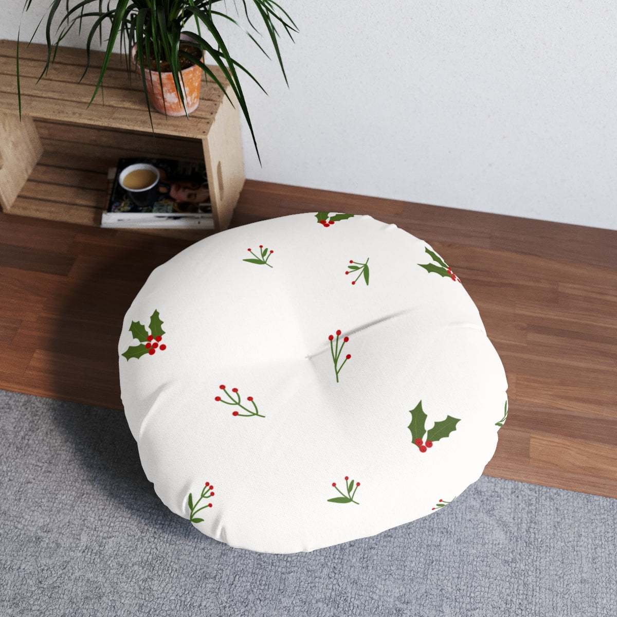 White Round Tufted Holiday Floor Pillow - Holly