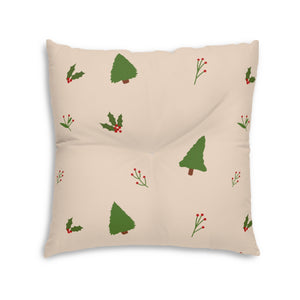 Square Tufted Holiday Floor Pillow - Evergreen Trees & Holly