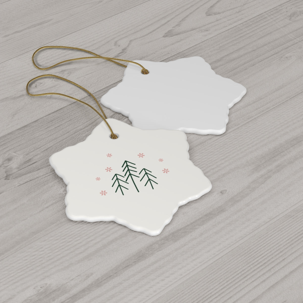 Ceramic Holiday Ornament - Evergreen Trees & Red Snowflakes