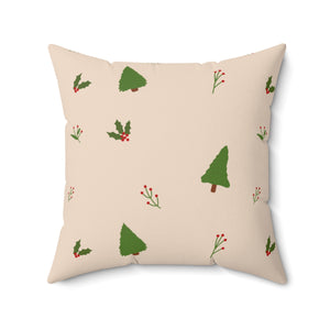 Beige Polyester Square Holiday Pillowcase - Evergreen Trees & Holly