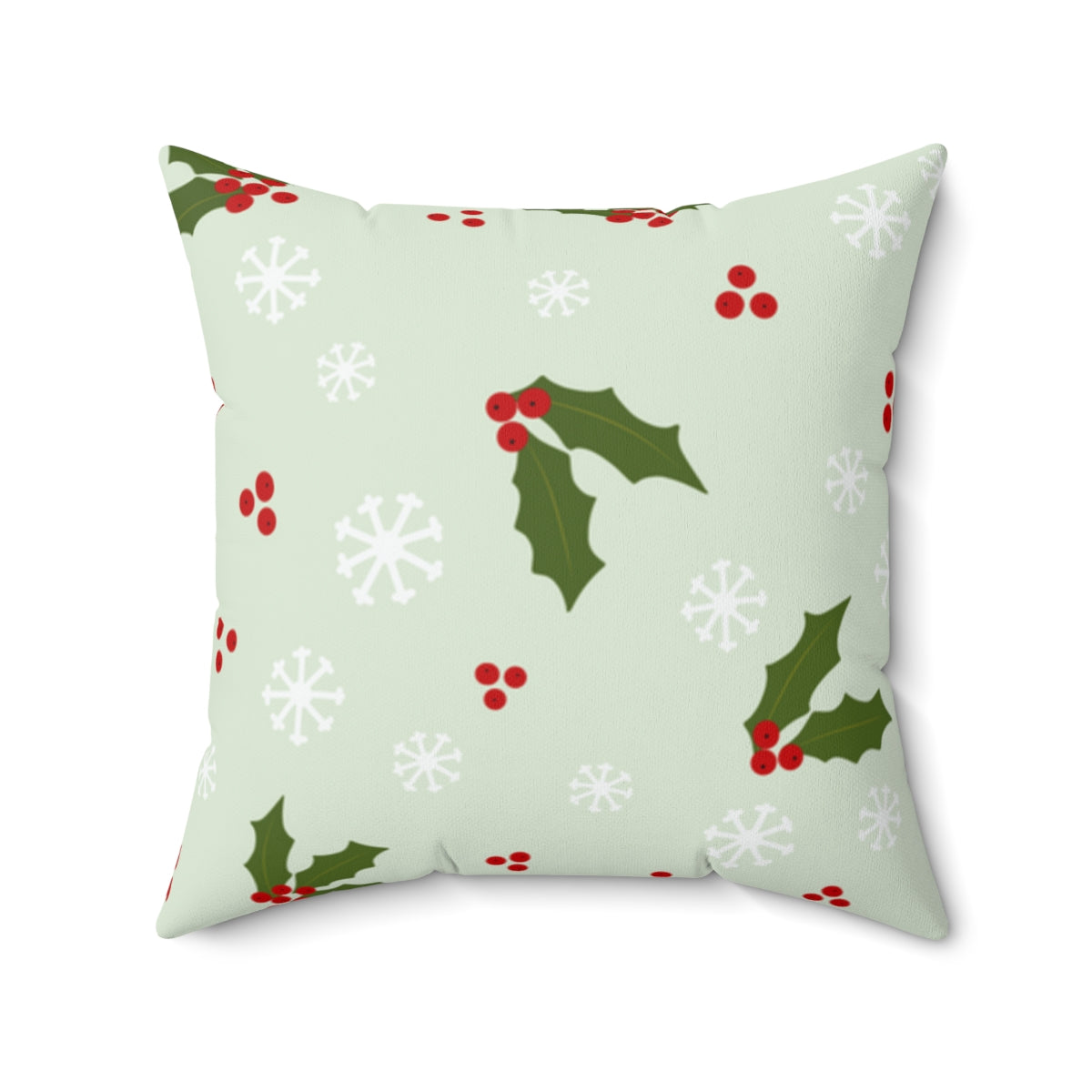 Green Polyester Square Holiday Pillowcase - Holly &amp; Snowflakes