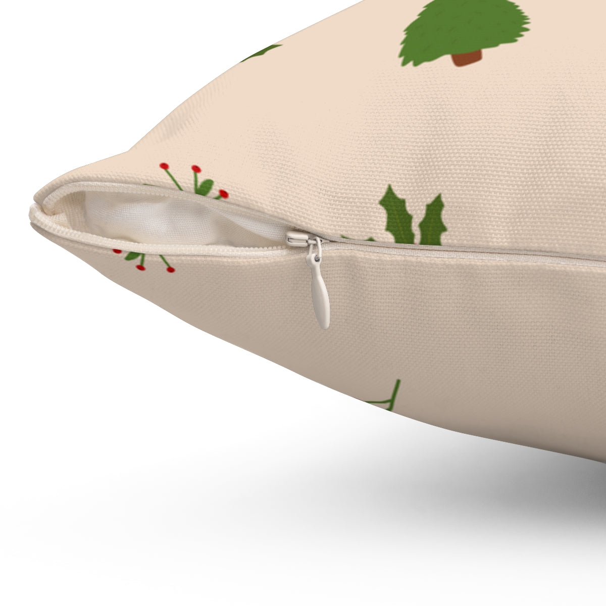 Beige Polyester Square Holiday Pillowcase - Evergreen Trees &amp; Holly