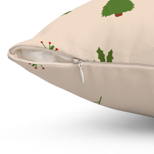 Beige Polyester Square Holiday Pillowcase - Evergreen Trees & Holly