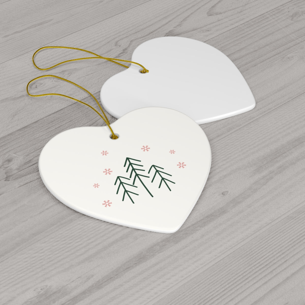 Ceramic Holiday Ornament - Evergreen Trees & Red Snowflakes