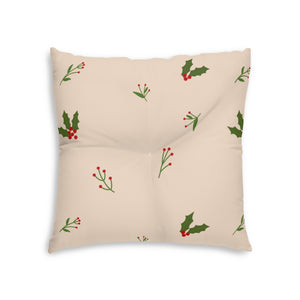 Beige Square Tufted Holiday Floor Pillow - Holly