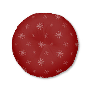 Red Round Tufted Holiday Floor Pillow - Snowflakes