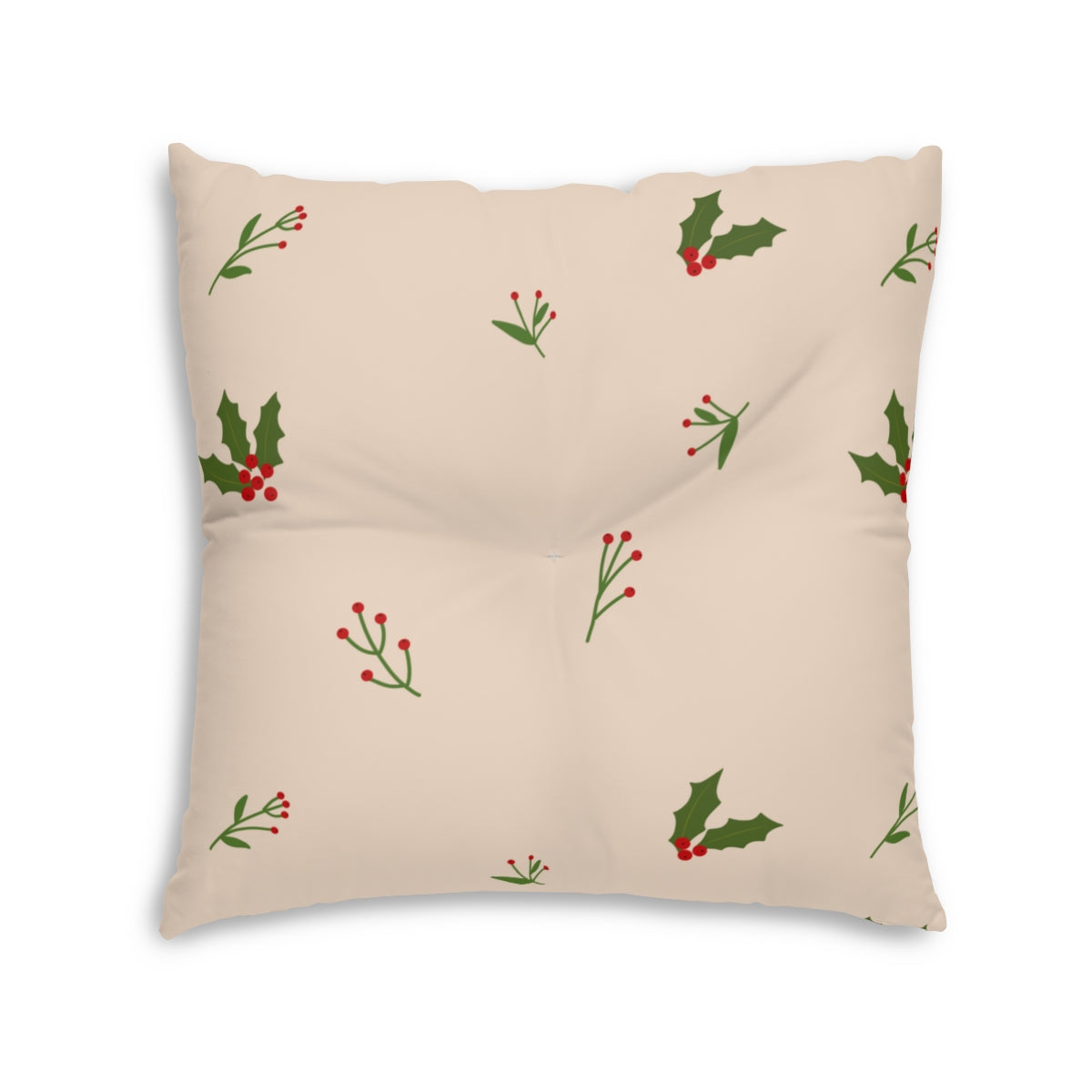 Beige Square Tufted Holiday Floor Pillow - Holly