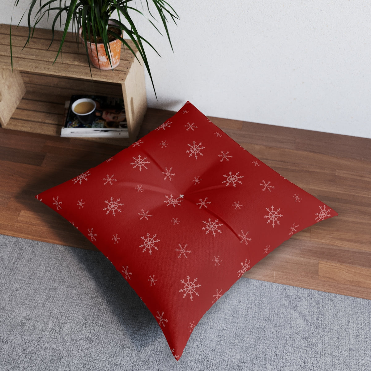 Red Square Tufted Holiday Floor Pillow - Snowflakes