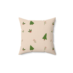 Beige Polyester Square Holiday Pillowcase - Evergreen Trees & Holly