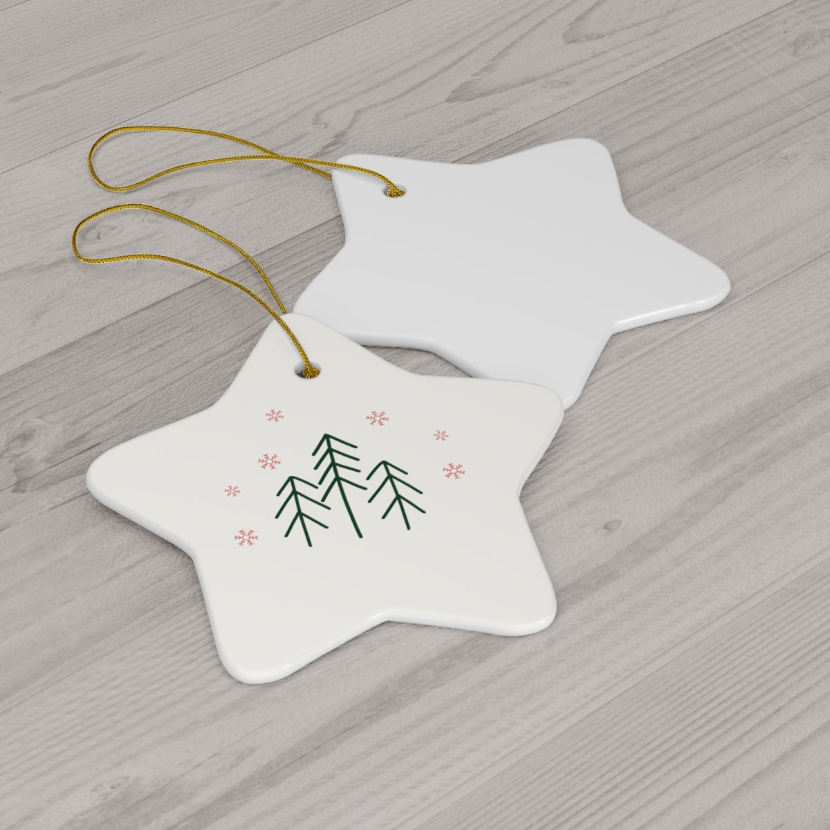 Ceramic Holiday Ornament - Evergreen Trees & Red Snowflakes