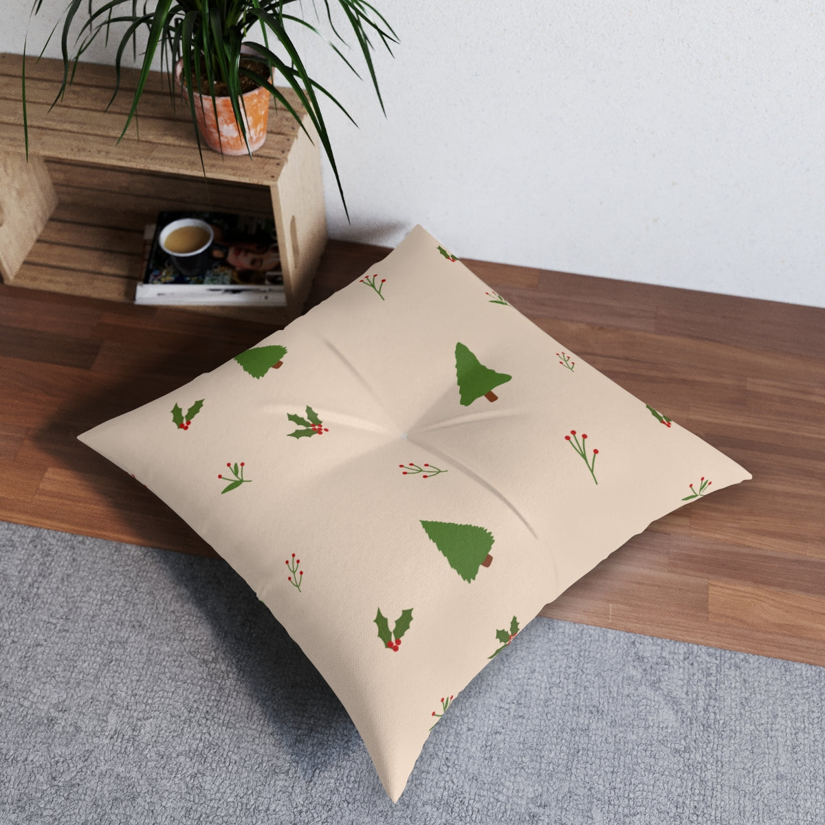 Square Tufted Holiday Floor Pillow - Evergreen Trees &amp; Holly