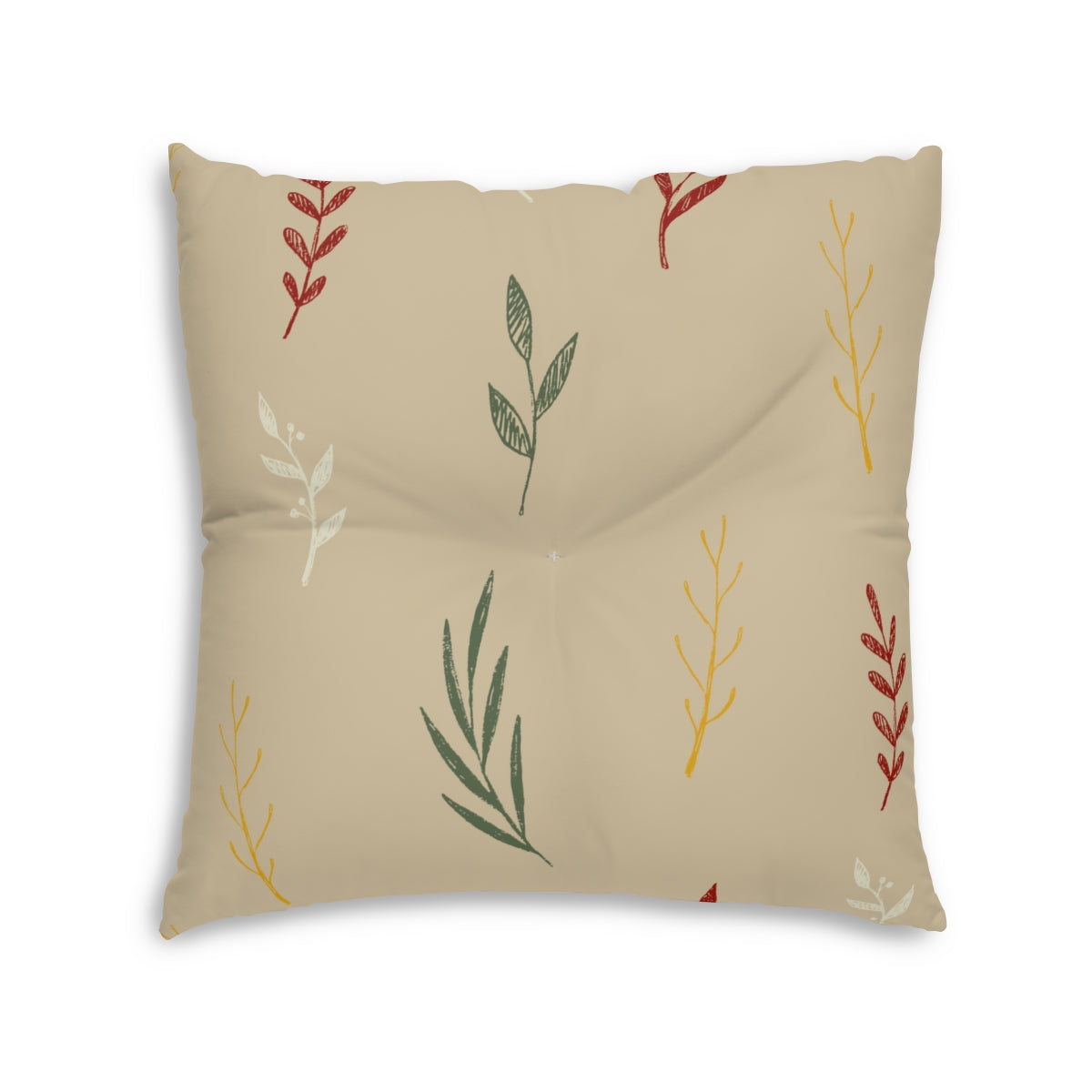 Beige Square Tufted Holiday Floor Pillow - Colorful Garland