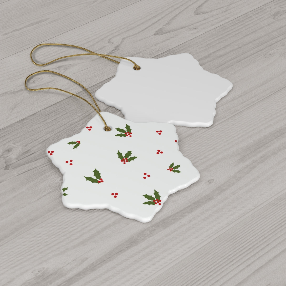 White Ceramic Holiday Ornament - Holly