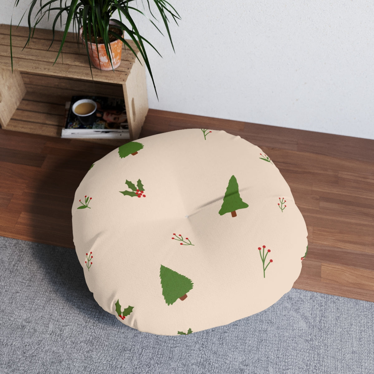 Round Tufted Holiday Floor Pillow - Evergreen Trees &amp; Holly