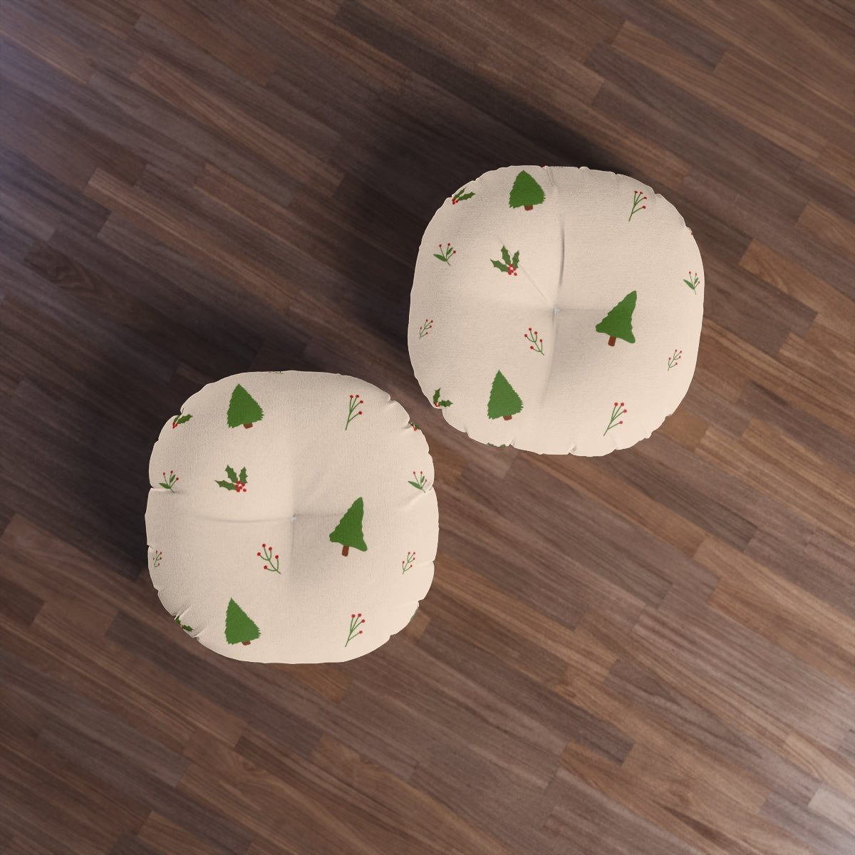 Round Tufted Holiday Floor Pillow - Evergreen Trees &amp; Holly