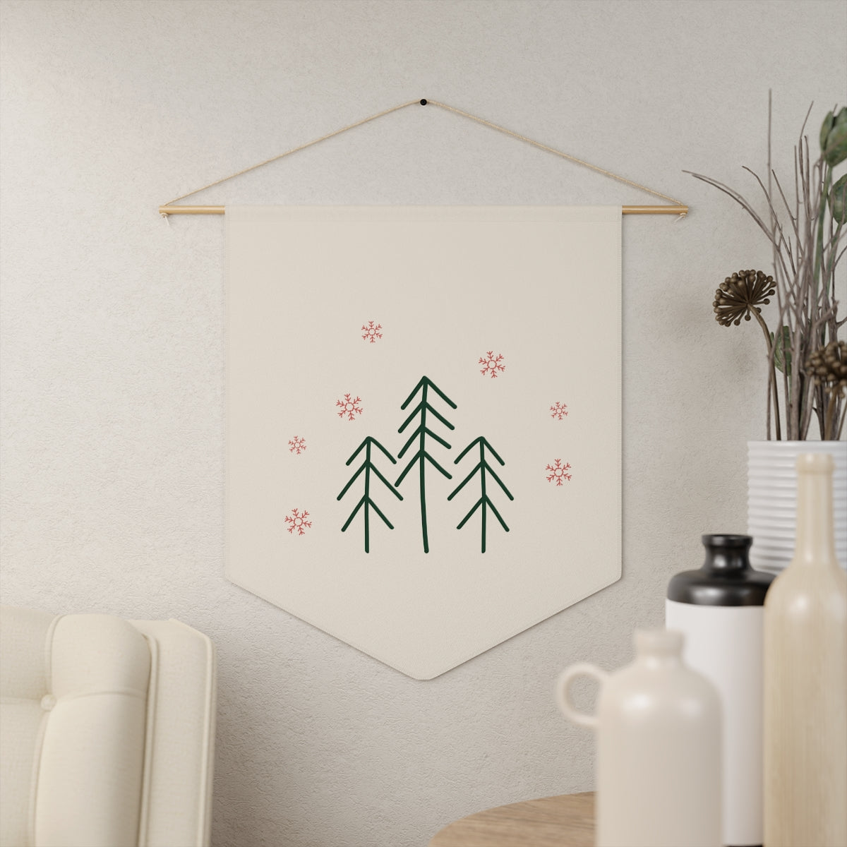 Holiday Pennant - Evergreen Trees &amp; Red Snowflakes