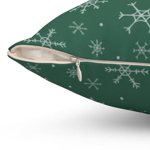 Green Polyester Square Holiday Pillowcase - Snowflakes