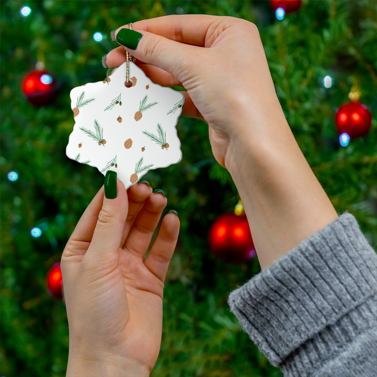 White Ceramic Holiday Ornament - Pinecones &amp; Acorns