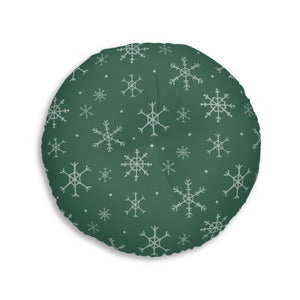 Green Round Tufted Holiday Floor Pillow - Snowflakes