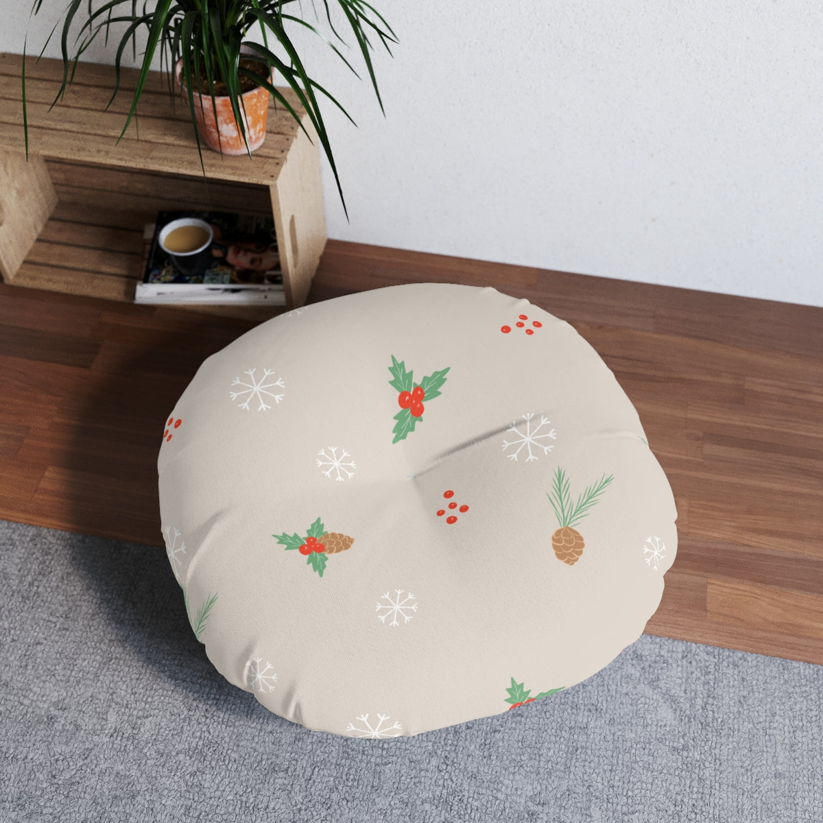 Round Tufted Holiday Floor Pillow - Pinecones &amp; Snowflakes