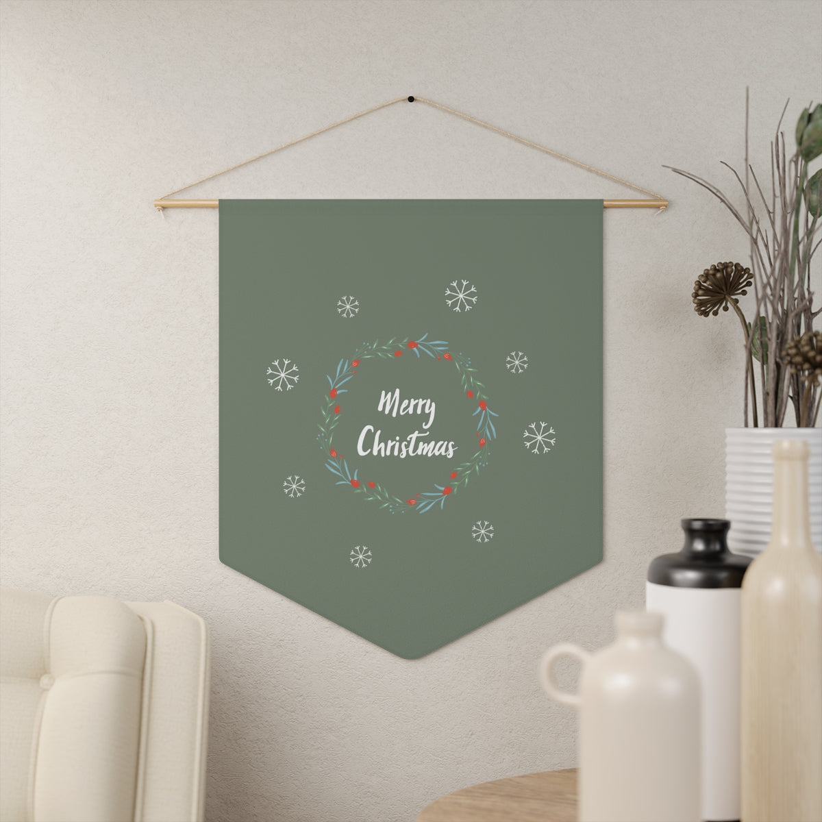 Holiday Pennant - Merry Christmas Wreath &amp; Snowflakes