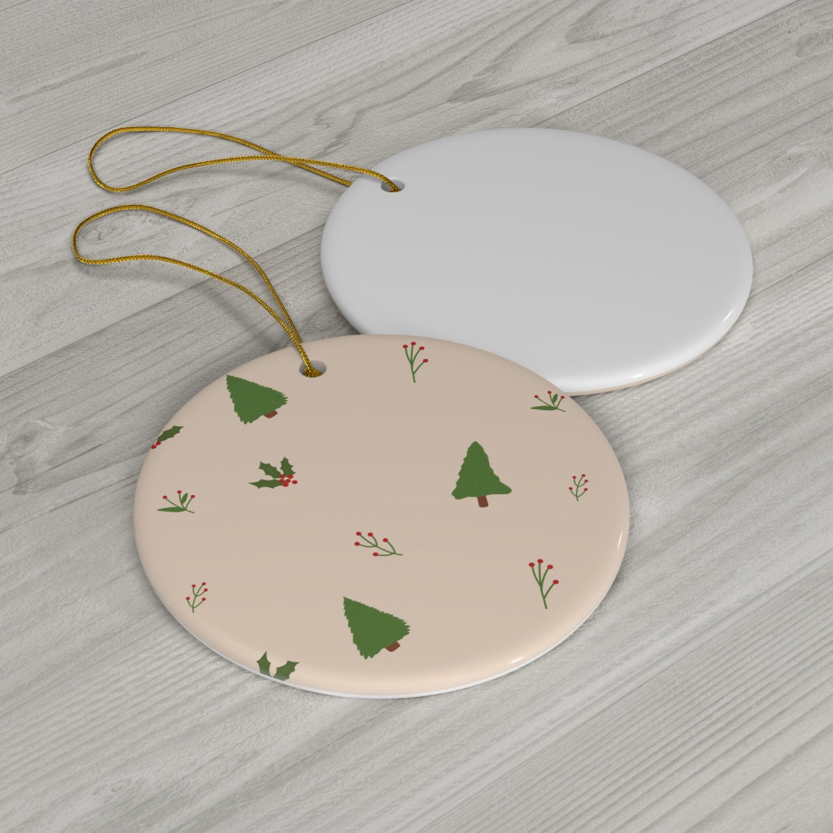 Beige Ceramic Holiday Ornament - Evergreen Trees &amp; Holly