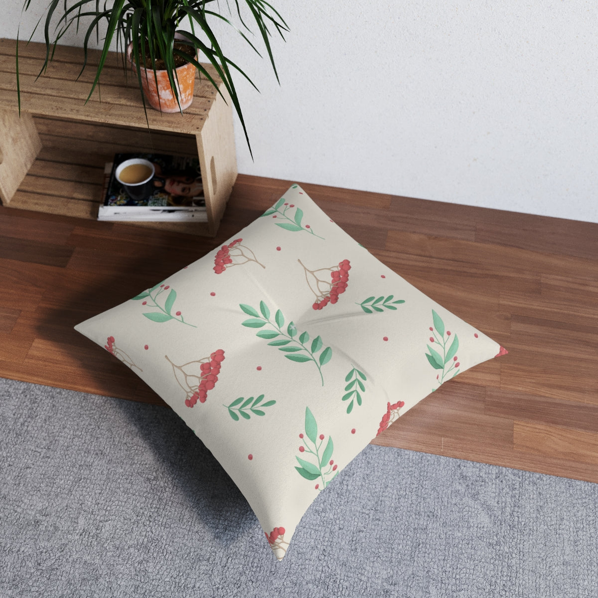 Square Tufted Holiday Floor Pillow - Large Red &amp; Green Hollys