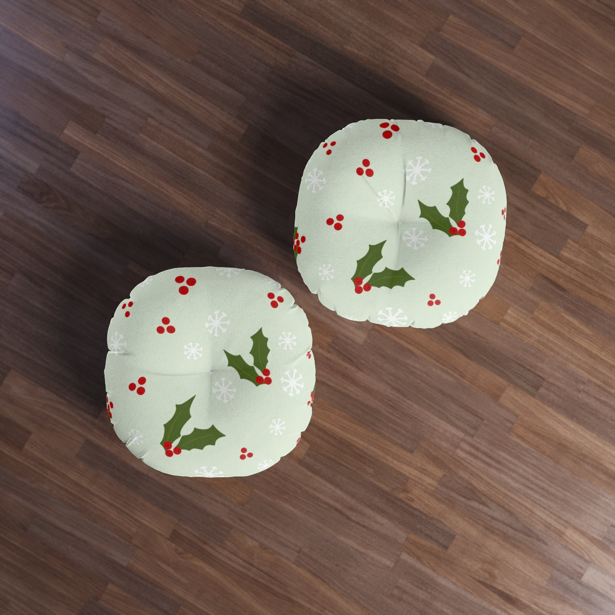 Round Tufted Holiday Floor Pillow - Holly &amp; Snowflakes